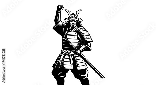 Samurai Warrior with Raised Fist and Sword, Black and White
