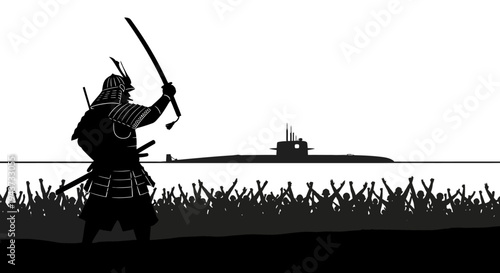 Samurai Warrior with Sword and Crowd Facing Submarine