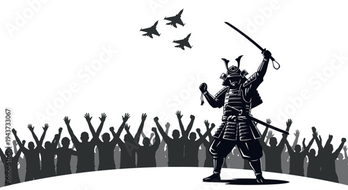 Samurai Warrior with Sword and Jets Flying Over Crowd