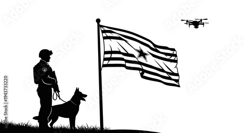 Security Officer With Dog and Drone Patrol Under National Flag
