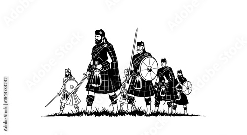 Scottish Highlanders Warriors Clan Battle Group Ancient Military History Illustration