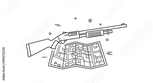 Shotgun and Map Icon: Survival, Adventure, and Navigation Concept
