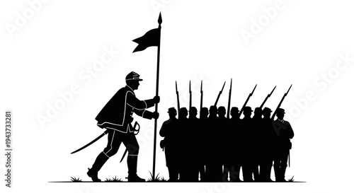 Silhouette of a Civil War soldier leading troops with a flag