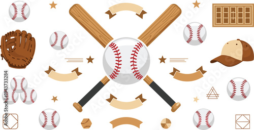 Baseball Sport Icon Set Featuring Crossed Bats, Ball, Glove, Cap, Scoreboard, and Game Symbols for Sports Team, Tournament, and Athletic Designs