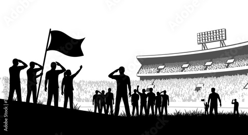 Silhouette Crowd Cheering at Stadium with Flag, Sports Event Spectators