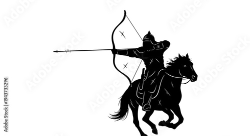 Silhouette of a medieval warrior archer on horseback firing a bow and arrow