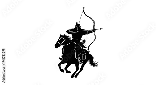 Silhouette of a medieval warrior archer on horseback shooting a bow and arrow