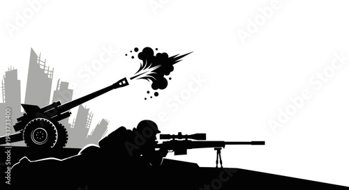 Silhouette of sniper and artillery gun firing in front of abstract city skyline