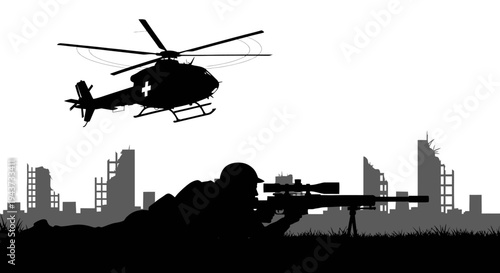 Silhouette of Sniper Soldier Aiming Rifle with Helicopter and Ruined City Background