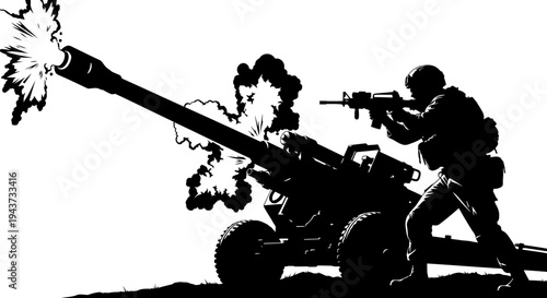 Silhouette of Soldier Firing Artillery Cannon with Explosions and Smoke