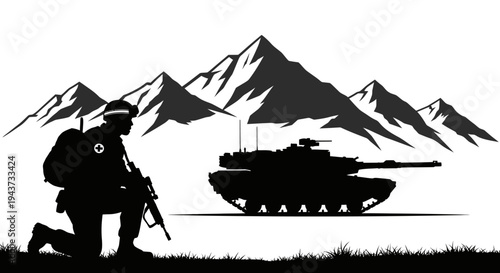 Silhouette of Soldier and Tank in Mountains - Military Scene