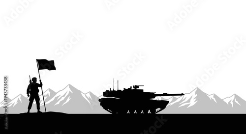 Silhouette of Soldier with Flag and Tank on Mountain Background