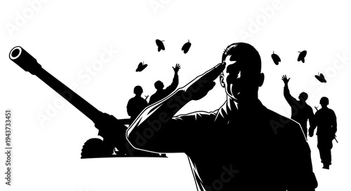 Silhouette of Soldier Saluting with Artillery and Falling Objects