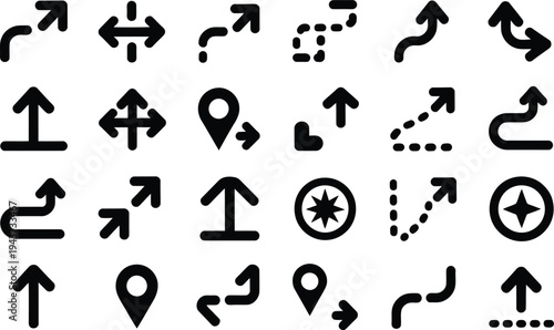 Set of directional arrows and navigation symbols for maps with arrow icon with direction icon