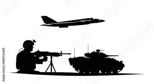 Silhouette of soldier, tank, and fighter jet in formation, military power concept