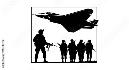 Silhouette of soldiers and fighter jet in flight, military, defense, aviation, teamwork, combat readiness
