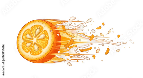 Juicy orange slice explodes in mid-air, releasing a burst of fresh citrus juice and pulp in a dynamic illustration.