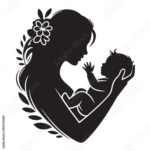 Mother holding baby silhouette with floral decoration, motherhood love symbol, maternity care concept, minimal black vector illustration isolated for parenting logo and family design