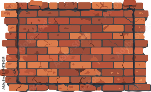 A detailed illustration of a weathered brick wall with cracks and chipped edges, perfect for backgrounds and design elements
