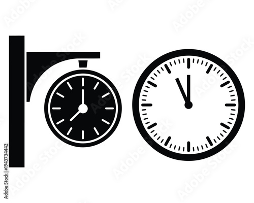 Black and white clock showing different mounting styles and times