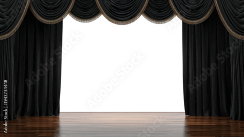 Empty theater stage with luxurious black velvet curtains open to a white background and polished wooden floor.
