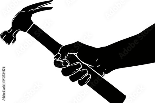 Silhouette of a human hand firmly gripping a claw hammer, ready for work or construction tasks.