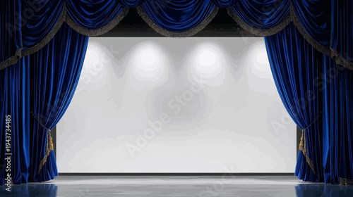 A stage with luxurious blue velvet curtains open to reveal a brightly lit white screen or backdrop, ready for a performance or presentation.