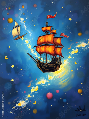 Original oil painting Flying an old pirate ship. Beautiful Sea ship is flying above starry sky - abstract fairy tale, dream. Peter Pan. Illustration. Postcard painting.