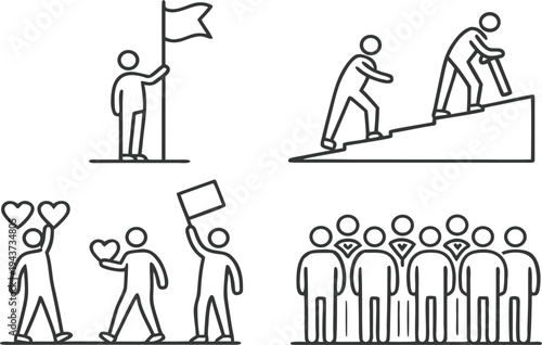 Ascend to Success: Symbolic Line Art: This image showcases a collection of line art illustrations depicting the journey of goal achievement and communal support.