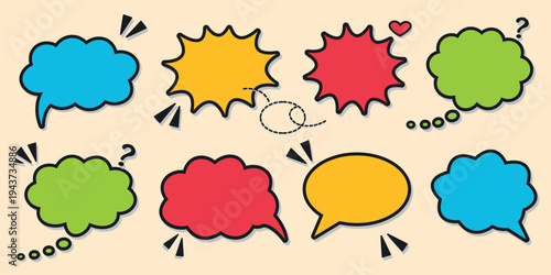 Set of colorful comic speech bubbles with halftone shadows and star elements,Retro hand drawn thought cloud kit featuring bright explosion and text box shapes