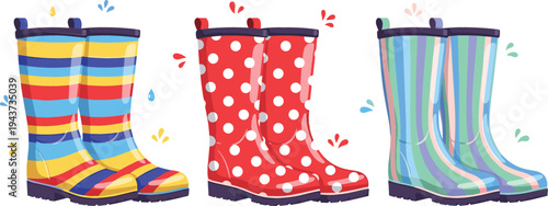 Colorful Rubber Rain Boots Collection Featuring Striped and Polka Dot Wellington Boots for Kids, Rainy Weather, Gardening, and Outdoor Fashion