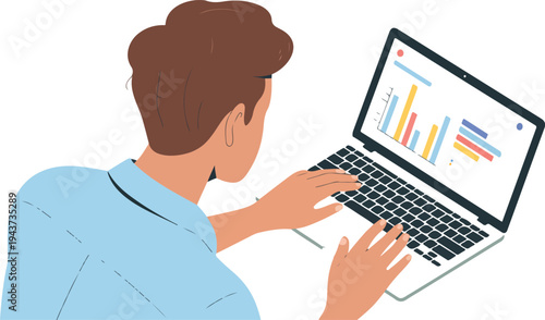 Young businessman analyzing financial charts on laptop market research data statistics professional office work flat vector illustration