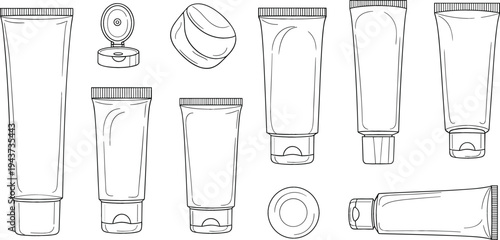 Cosmetic Tube Packaging Line Art Set Featuring Cream, Lotion, Gel, and Skincare Product Containers for Beauty Branding, Mockup, and Package Design