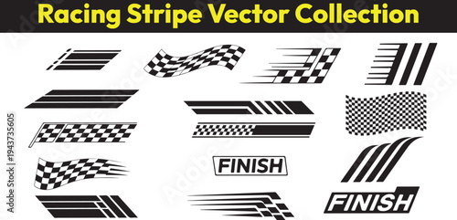 Racing Stripe Vector Collection, Speed Lines, Checkered Flag Patterns, Motorsport Graphics, Race Track Elements, Automotive Racing Design, Start Finish Banners, Dynamic Motion Arrows, Car Decal Graphi
