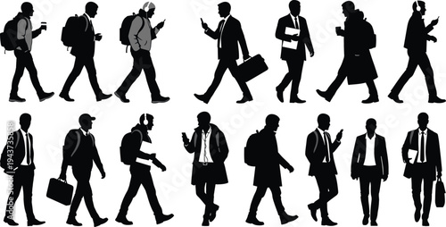 Walking business people silhouettes with backpacks, briefcases and smartphones, professional men and women commuters isolated black vector illustration set