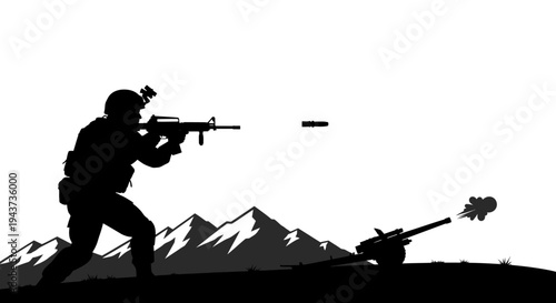 Silhouette Soldier Firing Rifle in Combat, Artillery Gun Firing in Background