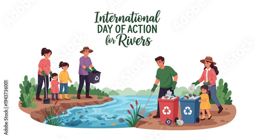 People participate in river conservation efforts on International Day of Action for Rivers with recycling and protecting freshwater ecosystem.