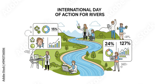 Illustration for International Day of Action for Rivers promoting river conservation and freshwater protection awareness through community involvement and data visualization.