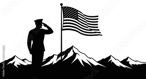 Silhouette Soldier Salutes American Flag Over Mountain Landscape