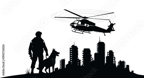 Silhouette Soldier With Dog and Helicopter Over City Skyline