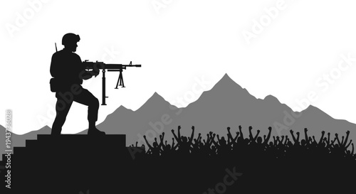 Silhouette Soldier with Machine Gun on Hilltop Overlooking Mountains and Crowd