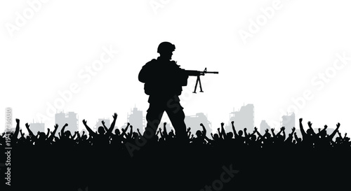 Silhouette Soldier with Machine Gun Facing Crowd with Raised Fists in Urban Cityscape