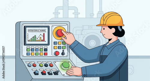 Woman Operating Industrial Control Panel.