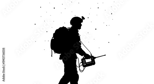 Silhouette Soldier with Radio Backpack and Headlamp in Dusty Environment