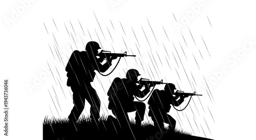 Silhouette Soldiers Advancing in Heavy Rain, Military Operation Concept
