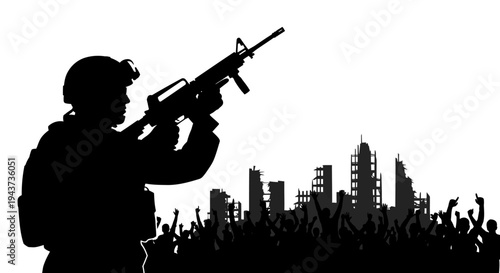 Silhouette Soldier with Rifle Overlooking Destroyed Cityscape and Crowd