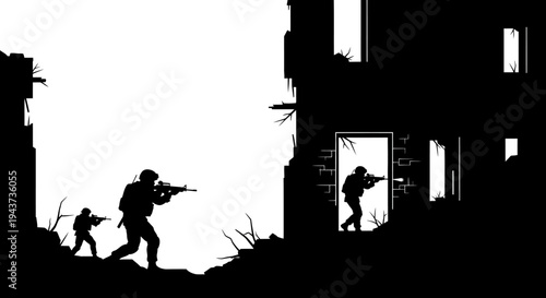 Silhouette soldiers advancing through destroyed urban environment, tactical warfare concept