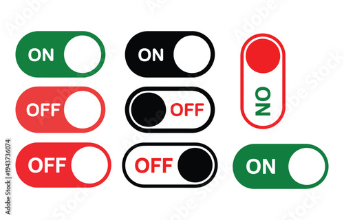 Rounded toggle switches in green red and black with on and off labels in various states