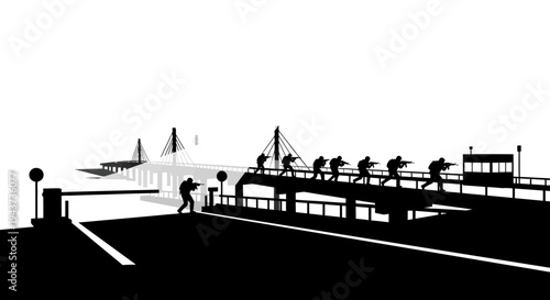Silhouette Soldiers on Bridge, Military Operation, Border Control, Security Forces Patrol