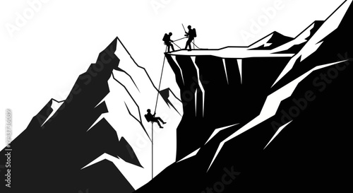 Silhouettes of climbers rappelling down a steep mountain cliff face, extreme adventure and risk